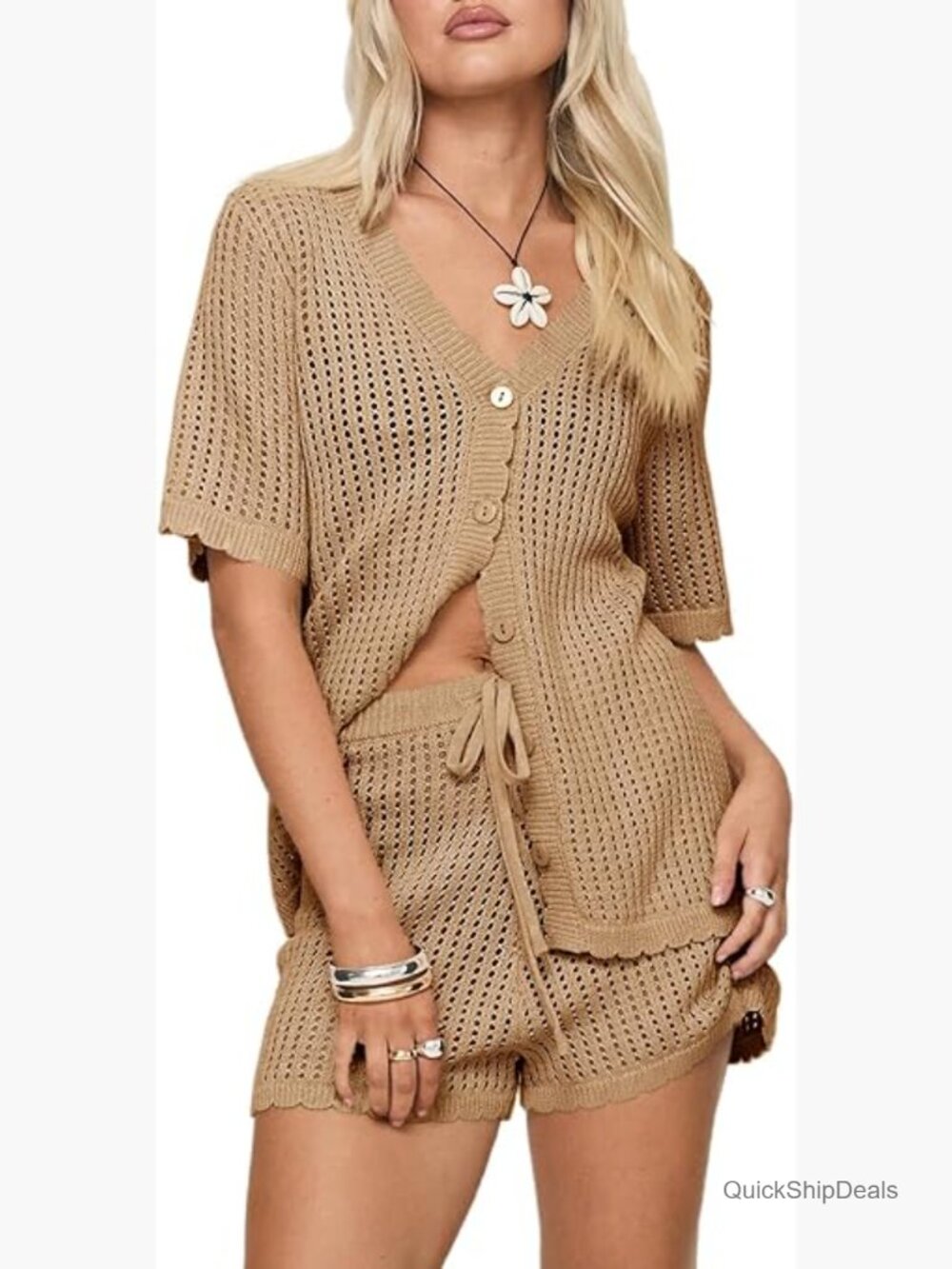 Crochet Swim Coverup Set - Button Top & Drawstring Shorts 2-Piece Beach Outfit